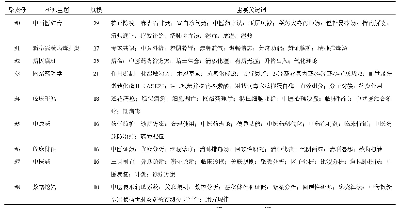 表3 2020年1-8月中医药防治新冠肺炎期刊论文9个聚类主题及其主要关键词